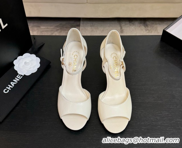 Luxurious Chanel Calfskin Leather Sandals 8.5cm with Pearls Heel White 2025 CH061009