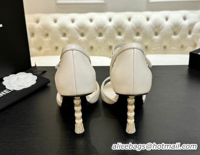 Luxurious Chanel Calfskin Leather Sandals 8.5cm with Pearls Heel White 2025 CH061009