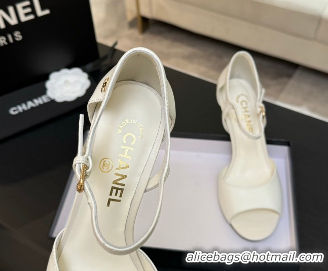 Luxurious Chanel Calfskin Leather Sandals 8.5cm with Pearls Heel White 2025 CH061009