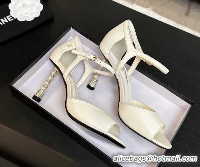 Luxurious Chanel Calfskin Leather Sandals 8.5cm with Pearls Heel White 2025 CH061009
