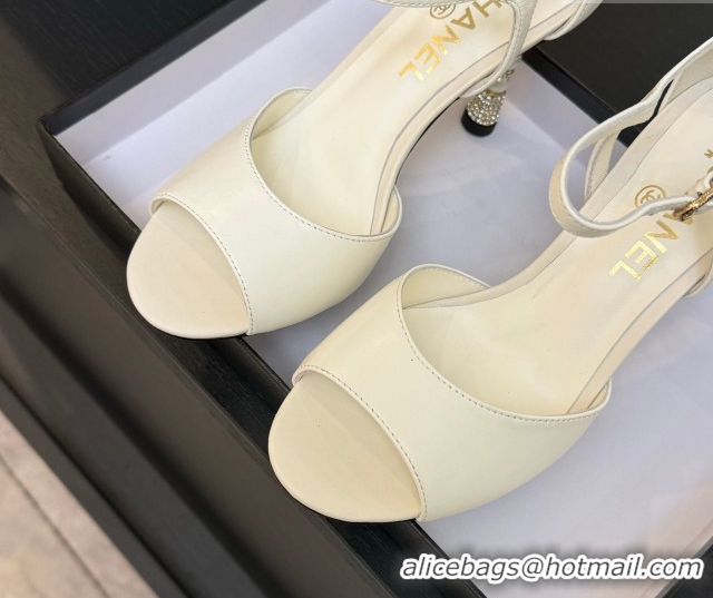 Luxurious Chanel Calfskin Leather Sandals 8.5cm with Pearls Heel White 2025 CH061009