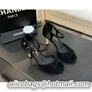 Hot Style Chanel Suede Sandals 8.5cm with Pearls Heel Black 2025 CH061009