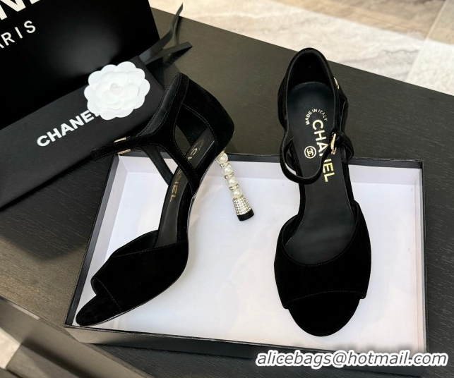 Hot Style Chanel Suede Sandals 8.5cm with Pearls Heel Black 2025 CH061009
