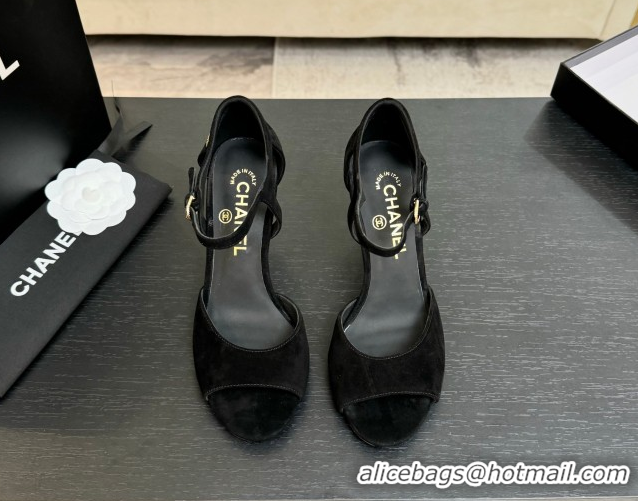 Hot Style Chanel Suede Sandals 8.5cm with Pearls Heel Black 2025 CH061009