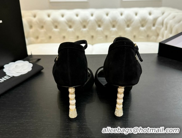 Hot Style Chanel Suede Sandals 8.5cm with Pearls Heel Black 2025 CH061009