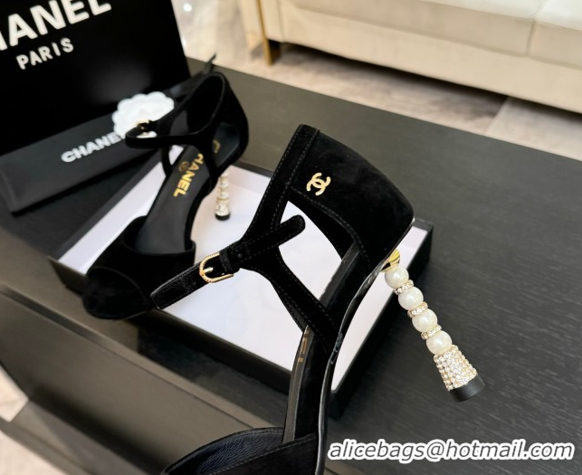 Hot Style Chanel Suede Sandals 8.5cm with Pearls Heel Black 2025 CH061009