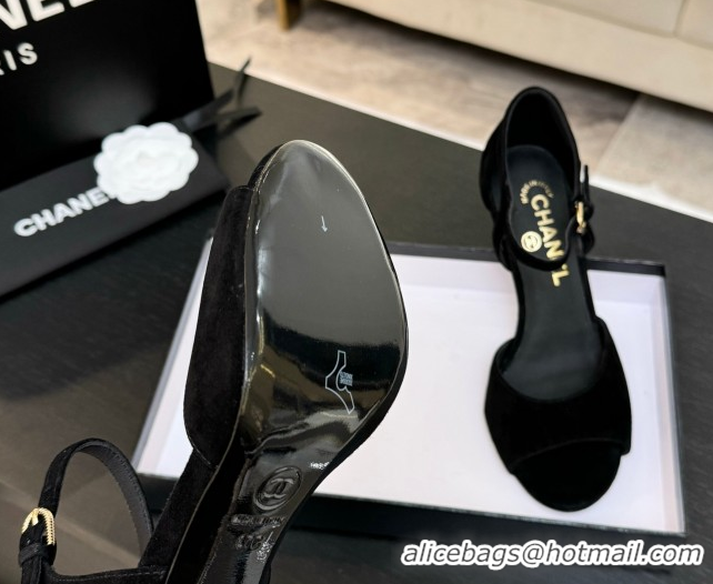 Hot Style Chanel Suede Sandals 8.5cm with Pearls Heel Black 2025 CH061009