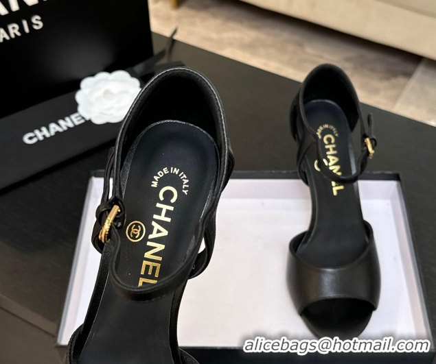 Sophisticated Chanel Calfskin Leather Sandals 8.5cm with Pearls Heel Black 2025 CH061009