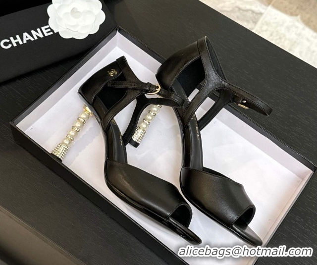 Sophisticated Chanel Calfskin Leather Sandals 8.5cm with Pearls Heel Black 2025 CH061009