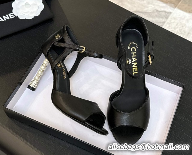 Sophisticated Chanel Calfskin Leather Sandals 8.5cm with Pearls Heel Black 2025 CH061009