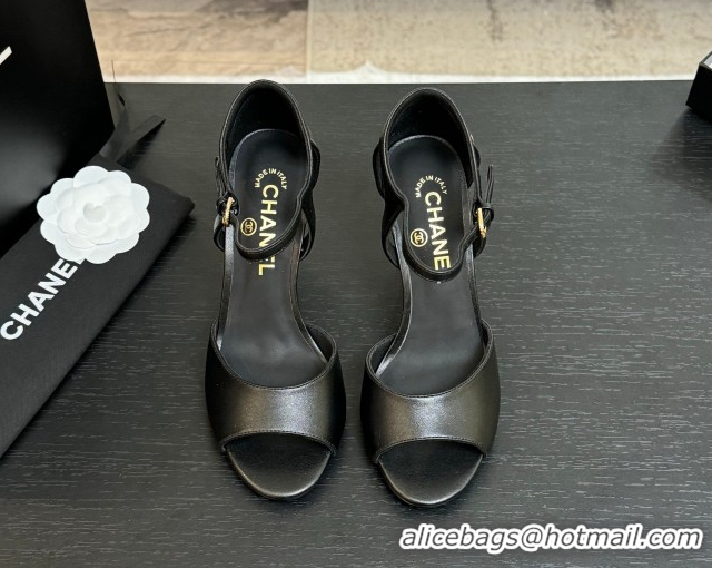Sophisticated Chanel Calfskin Leather Sandals 8.5cm with Pearls Heel Black 2025 CH061009