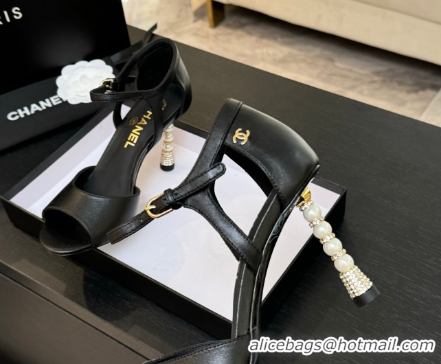 Sophisticated Chanel Calfskin Leather Sandals 8.5cm with Pearls Heel Black 2025 CH061009