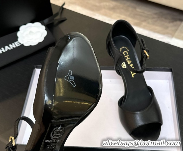 Sophisticated Chanel Calfskin Leather Sandals 8.5cm with Pearls Heel Black 2025 CH061009
