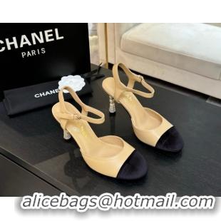 Luxury Discount Chanel Calfskin & Suede Sandals 8.5cm with Pearls Heel Beige 2025 CH061009