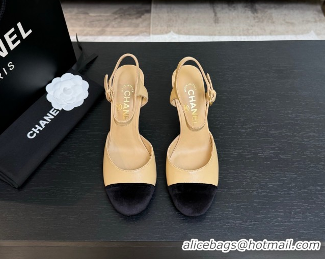Luxury Discount Chanel Calfskin & Suede Sandals 8.5cm with Pearls Heel Beige 2025 CH061009