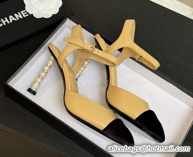 Luxury Discount Chanel Calfskin & Suede Sandals 8.5cm with Pearls Heel Beige 2025 CH061009