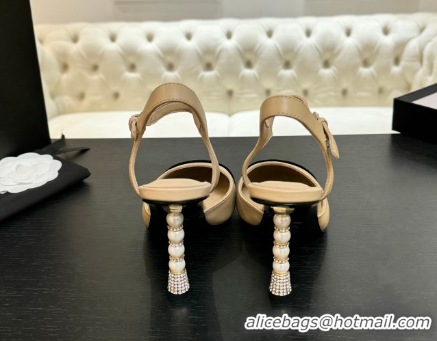 Luxury Discount Chanel Calfskin & Suede Sandals 8.5cm with Pearls Heel Beige 2025 CH061009