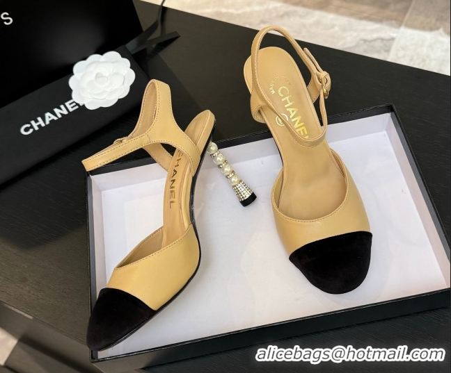 Luxury Discount Chanel Calfskin & Suede Sandals 8.5cm with Pearls Heel Beige 2025 CH061009