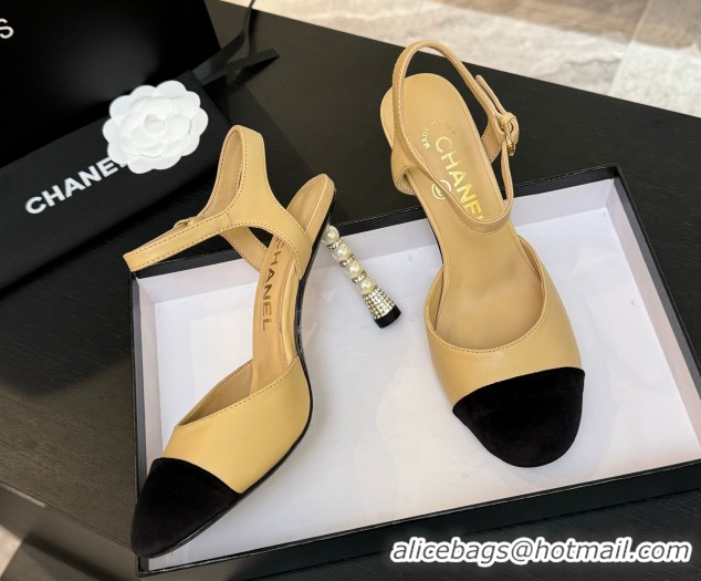 Luxury Discount Chanel Calfskin & Suede Sandals 8.5cm with Pearls Heel Beige 2025 CH061009
