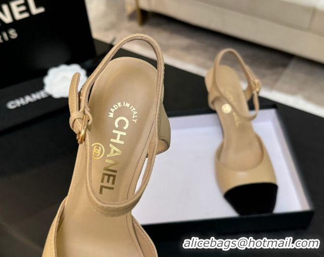 Luxury Discount Chanel Calfskin & Suede Sandals 8.5cm with Pearls Heel Beige 2025 CH061009