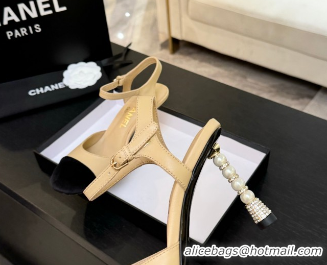 Luxury Discount Chanel Calfskin & Suede Sandals 8.5cm with Pearls Heel Beige 2025 CH061009