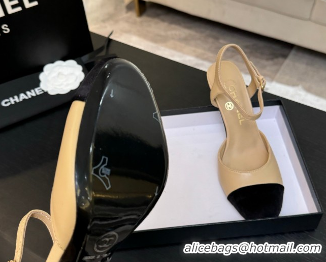 Luxury Discount Chanel Calfskin & Suede Sandals 8.5cm with Pearls Heel Beige 2025 CH061009