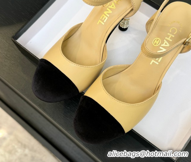 Luxury Discount Chanel Calfskin & Suede Sandals 8.5cm with Pearls Heel Beige 2025 CH061009