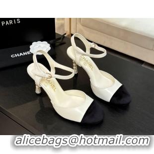 Luxury Chanel Calfskin & Suede Sandals 8.5cm with Pearls Heel White 2025 CH061009