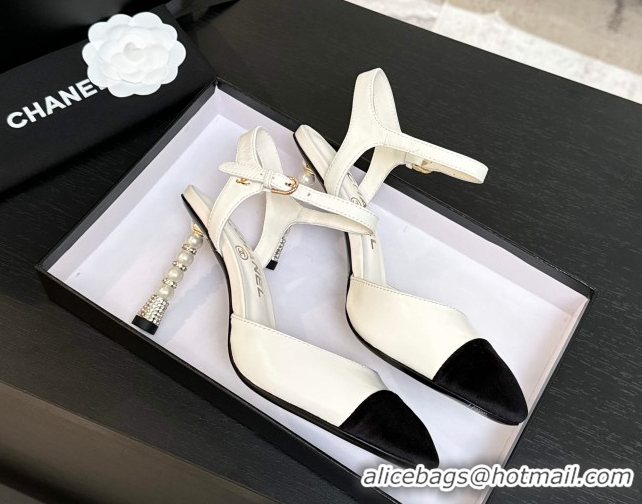 Luxury Chanel Calfskin & Suede Sandals 8.5cm with Pearls Heel White 2025 CH061009