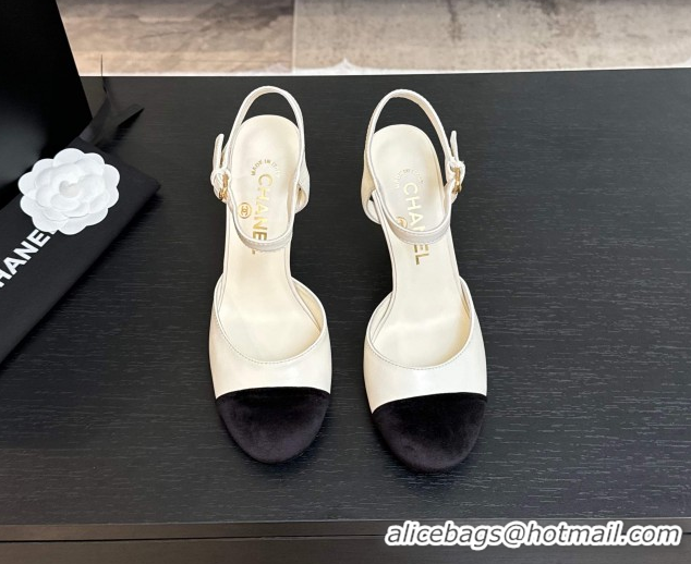 Luxury Chanel Calfskin & Suede Sandals 8.5cm with Pearls Heel White 2025 CH061009