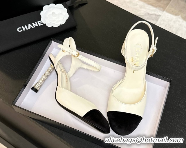 Luxury Chanel Calfskin & Suede Sandals 8.5cm with Pearls Heel White 2025 CH061009