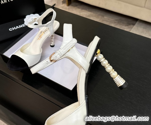 Luxury Chanel Calfskin & Suede Sandals 8.5cm with Pearls Heel White 2025 CH061009