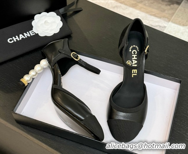Best Price Chanel Calfskin & Grosgrain Sandals 8.5cm with Pearls Heel Black 2025 CH061009