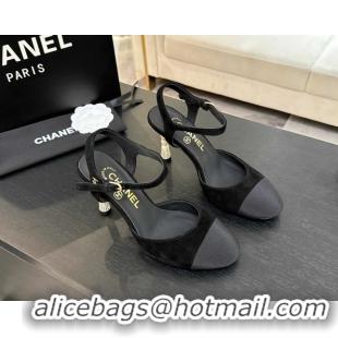 Low Cost Chanel Suede & Grosgrain Sandals 8.5cm with Pearls Heel Black 2025 CH061009