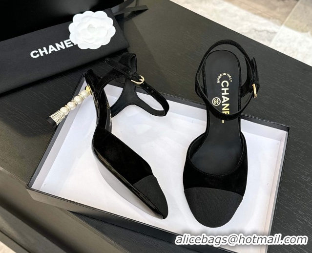 Low Cost Chanel Suede & Grosgrain Sandals 8.5cm with Pearls Heel Black 2025 CH061009