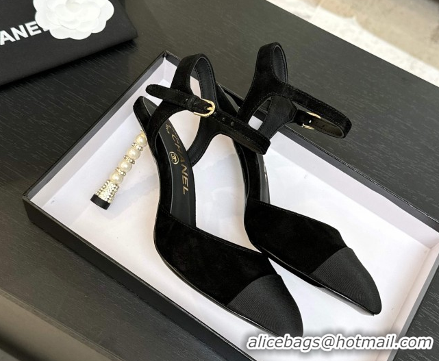 Low Cost Chanel Suede & Grosgrain Sandals 8.5cm with Pearls Heel Black 2025 CH061009