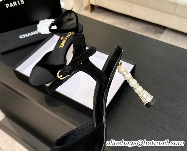 Low Cost Chanel Suede & Grosgrain Sandals 8.5cm with Pearls Heel Black 2025 CH061009