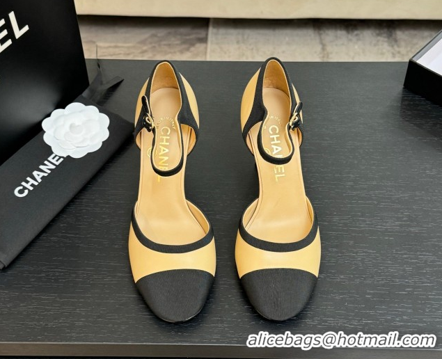Classic Hot Chanel Calfskin & Grosgrain Mary Janes Pump 8.5cm with Pearls Heel Beige 2025 CH061009