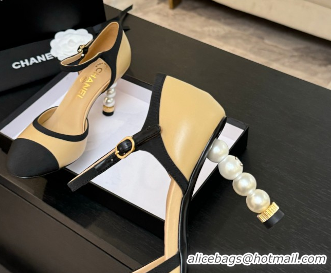 Classic Hot Chanel Calfskin & Grosgrain Mary Janes Pump 8.5cm with Pearls Heel Beige 2025 CH061009