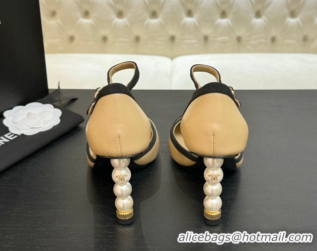 Classic Hot Chanel Calfskin & Grosgrain Mary Janes Pump 8.5cm with Pearls Heel Beige 2025 CH061009