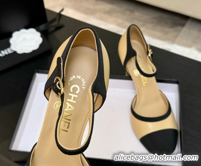 Classic Hot Chanel Calfskin & Grosgrain Mary Janes Pump 8.5cm with Pearls Heel Beige 2025 CH061009