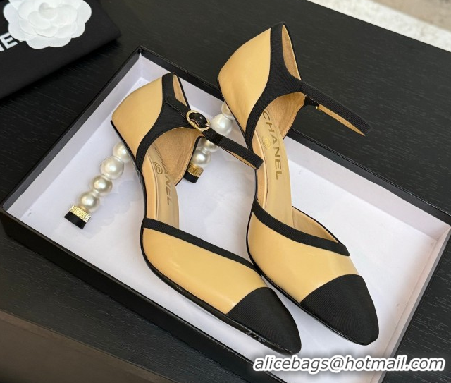 Classic Hot Chanel Calfskin & Grosgrain Mary Janes Pump 8.5cm with Pearls Heel Beige 2025 CH061009