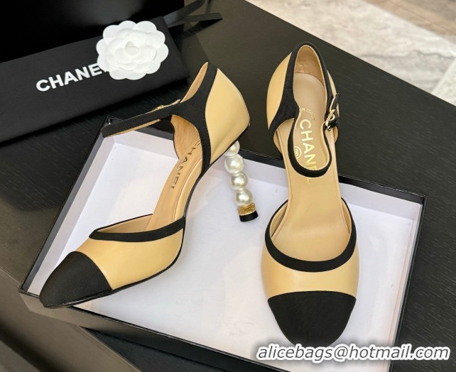 Classic Hot Chanel Calfskin & Grosgrain Mary Janes Pump 8.5cm with Pearls Heel Beige 2025 CH061009