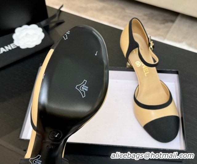Classic Hot Chanel Calfskin & Grosgrain Mary Janes Pump 8.5cm with Pearls Heel Beige 2025 CH061009