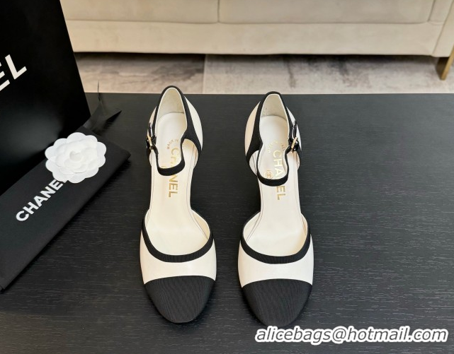 Trendy Design Chanel Calfskin & Grosgrain Mary Janes Pump 8.5cm with Pearls Heel White 2025 CH061009