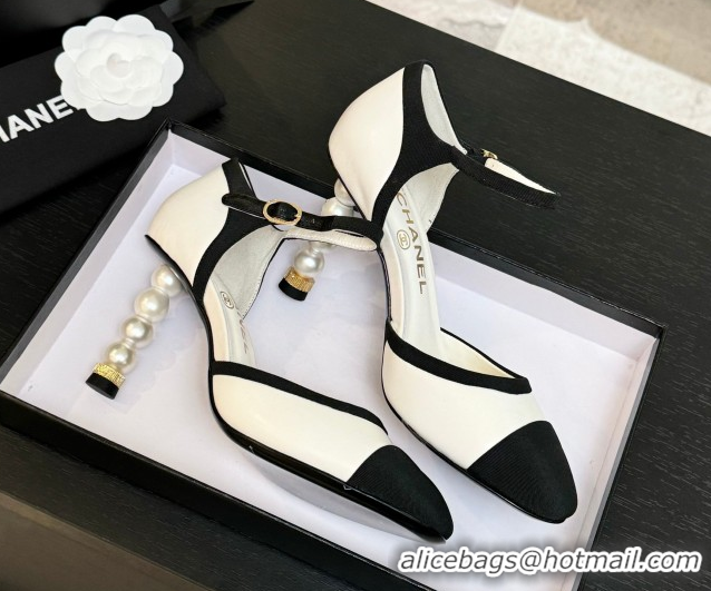 Trendy Design Chanel Calfskin & Grosgrain Mary Janes Pump 8.5cm with Pearls Heel White 2025 CH061009