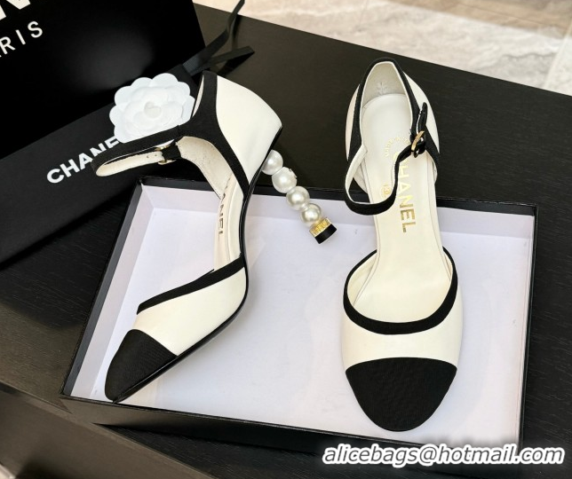 Trendy Design Chanel Calfskin & Grosgrain Mary Janes Pump 8.5cm with Pearls Heel White 2025 CH061009