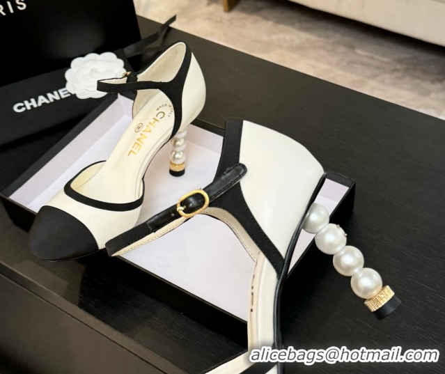 Trendy Design Chanel Calfskin & Grosgrain Mary Janes Pump 8.5cm with Pearls Heel White 2025 CH061009