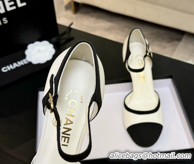 Trendy Design Chanel Calfskin & Grosgrain Mary Janes Pump 8.5cm with Pearls Heel White 2025 CH061009