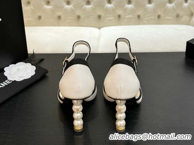 Trendy Design Chanel Calfskin & Grosgrain Mary Janes Pump 8.5cm with Pearls Heel White 2025 CH061009